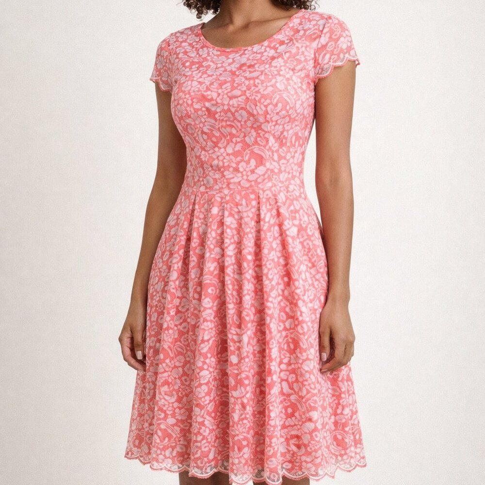 Betsey Johnson dress, sz 8, cream lace over coral lining, short sleeve, EUC